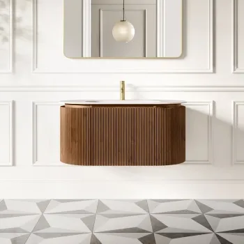 Positano Natural Walnut Curved Wall Hung Basin Drawer Vanity 1000mm