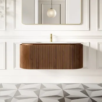 Positano Natural Walnut Curved Wall Hung Basin Drawer Vanity 1200mm