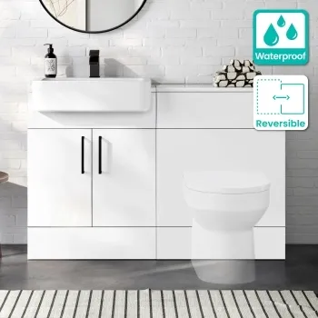 100% Waterproof - Harper Gloss White PVC Basin Vanity and Back To Wall Toilet Unit 1200mm (Excludes Toilet) - Black Accents