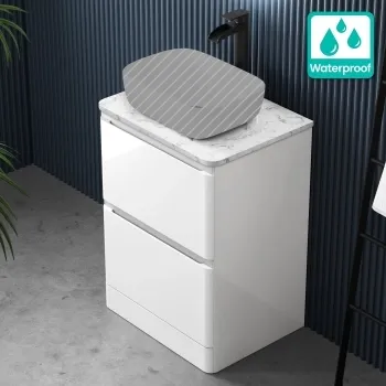 100% Waterproof - Corsica Gloss White PVC Drawer Vanity with Marble Top 600mm (Excludes Counter Top Basin)