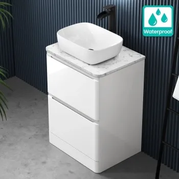 100% Waterproof - Corsica Gloss White PVC Vanity Drawer with Marble Top & Curved Counter Top Basin 600mm