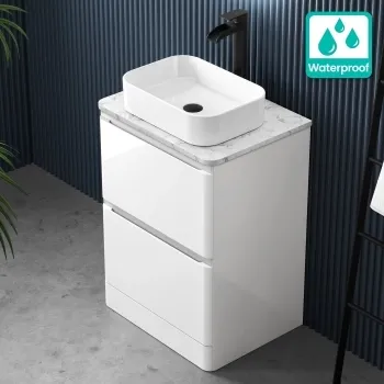 100% Waterproof - Corsica Gloss White PVC Vanity Drawer with Marble Top & Marin Basin 600mm
