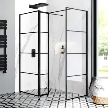 Munich Matt Black Grid 8mm Walk In Shower Enclosure 800mm & 800mm Glass with Pivotal Return Panel