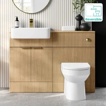Sicily Fluted Country Oak Combination Vanity Basin and Miami Toilet 1200mm - Brushed Brass Accents