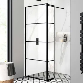 Munich Matt Black Grid 8mm Wet Room Shower Glass 800mm & 250mm Pivotal Return Panel