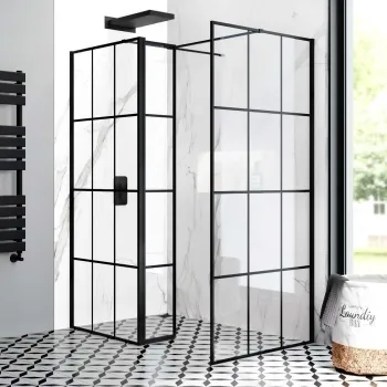 Munich Matt Black Grid 8mm Walk In Shower Enclosure 800mm & 900mm Glass with Pivotal Return Panel