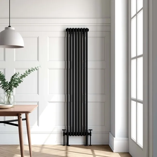 Athens Matt Black Double Column Vertical Traditional Radiator 1800x380mm