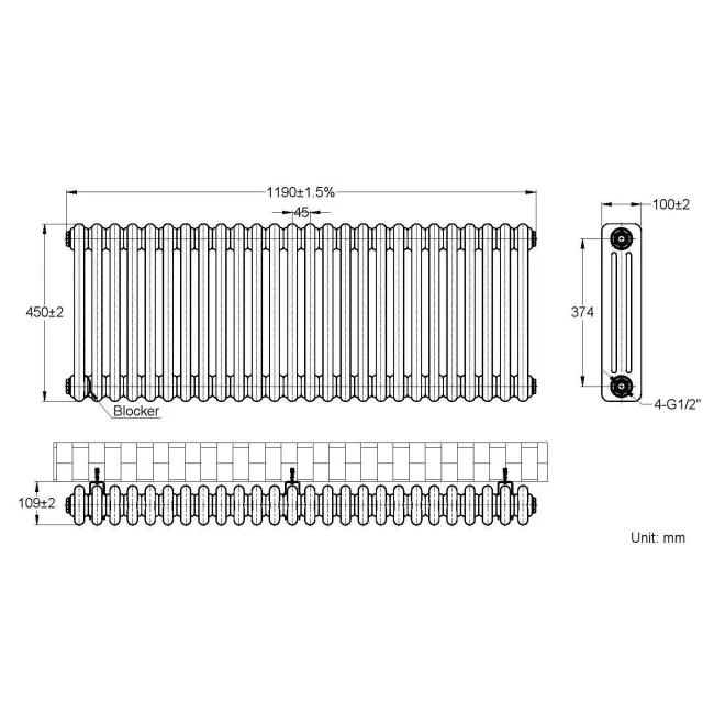 Athens Matt Black Triple Column Horizontal Traditional Radiator 450x1190mm