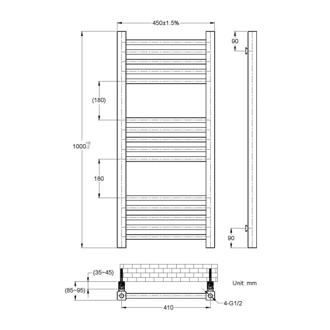 Valetta Matt Black Square Heated Towel Rail 1000x450mm
