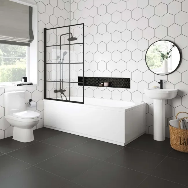 Zurich Easy Clean Matt Black Grid Bath Screen - 1000mm