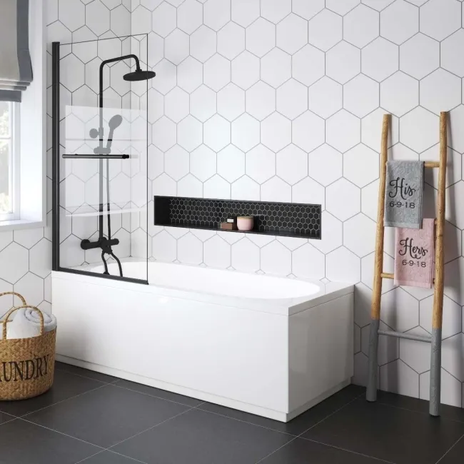 Venice 4mm Matt Black Bath Screen with Towel Rail - 800mm