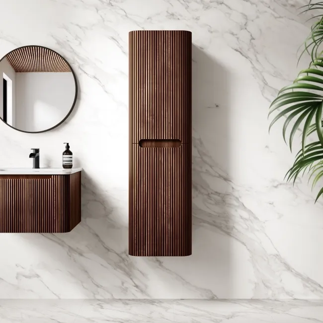 Sorrento Fluted Black Walnut Wall Hung Tall Cabinet 1400x400mm