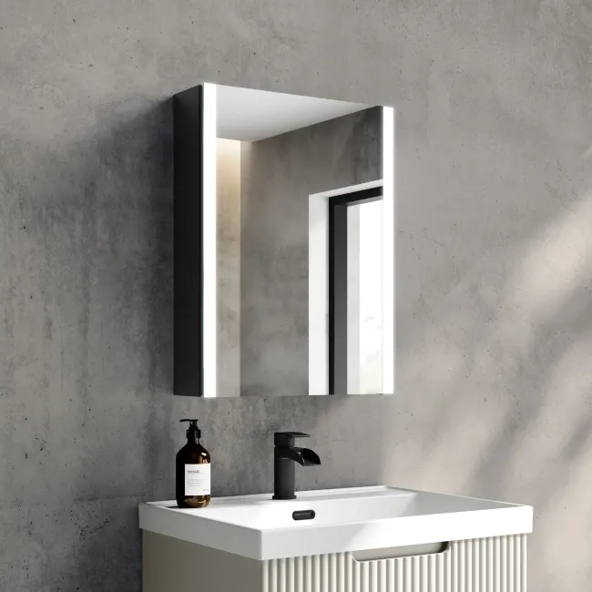Selma Battery Operated Matt Black Illuminated LED Mirror Cabinet 600x450mm