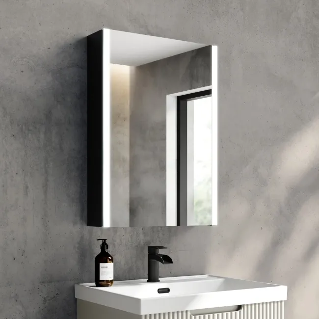 Selma Battery Operated Matt Black Illuminated LED Mirror Cabinet 700x500mm