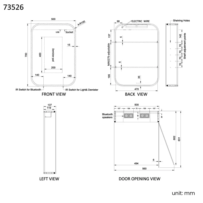 Willow Illuminated LED Mirror Cabinet With BLUETOOTH Speaker & USB Port 700x500mm