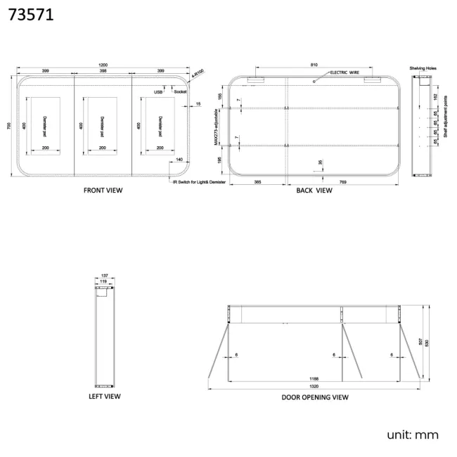 Willow Brushed Brass Illuminated LED Mirror Cabinet 700x1200mm