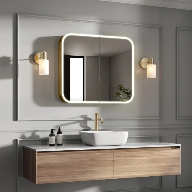Willow Brushed Brass Illuminated LED Mirror Cabinet With BLUETOOTH Speaker & USB Port 700x800mm