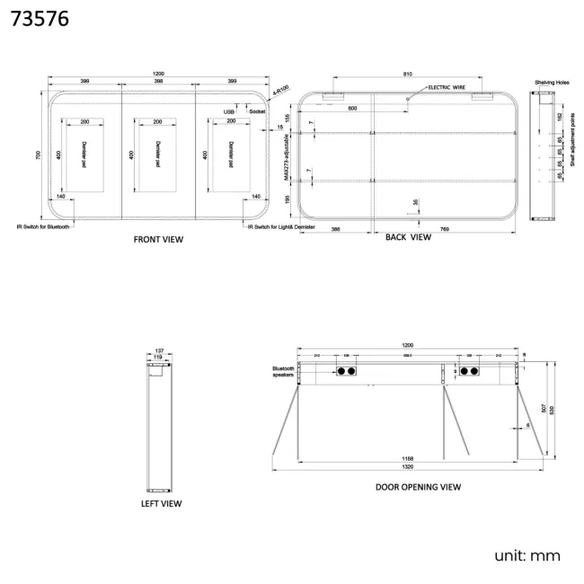Willow Brushed Brass Illuminated LED Mirror Cabinet With BLUETOOTH Speaker & USB Port 700x1200mm
