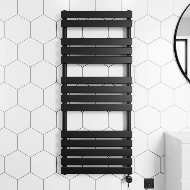 Santorini Electric Matt Black Flat Panel Heated Towel Rail 1400x600mm