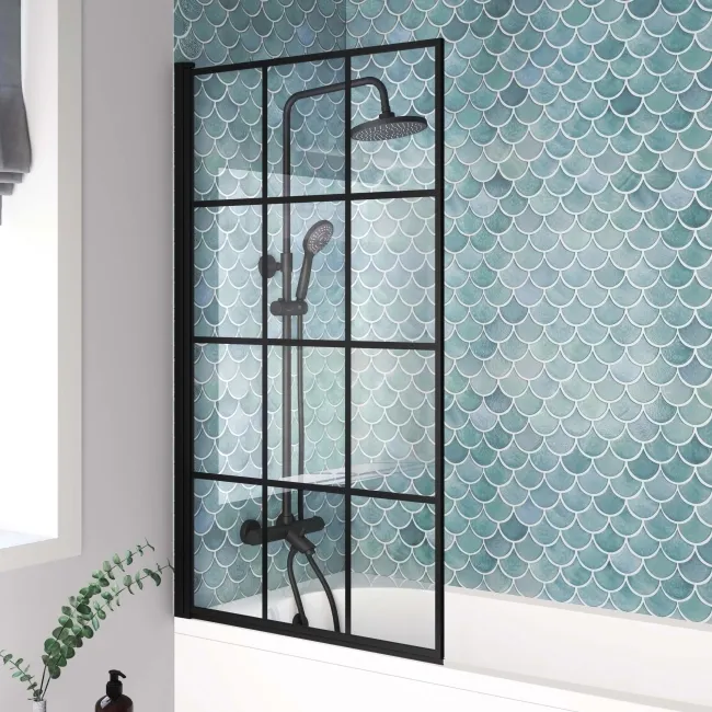 Oakham Space Saving Shower Bath 1700 & 6mm Easy Clean Matt Black Grid Bath Screen - Left Handed