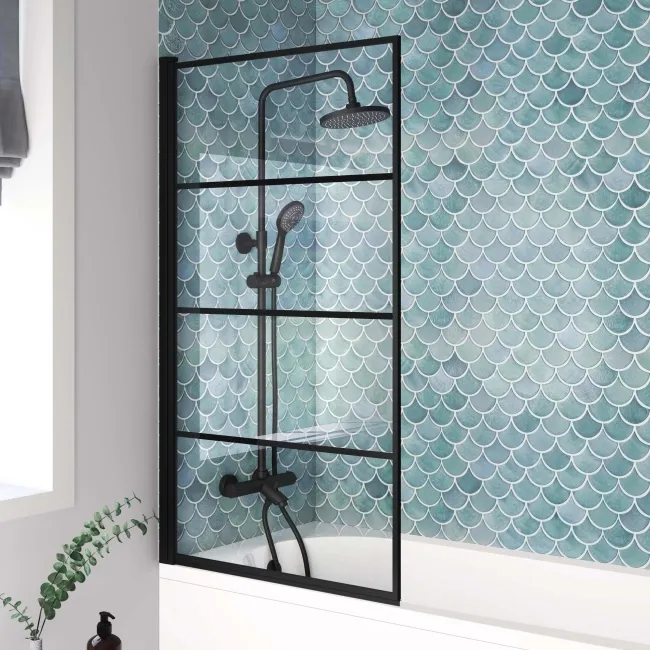 Oakham 1700 Space Saving Shower Bath & 6mm Easy Clean Matt Black Grid Bath Screen - Left Handed
