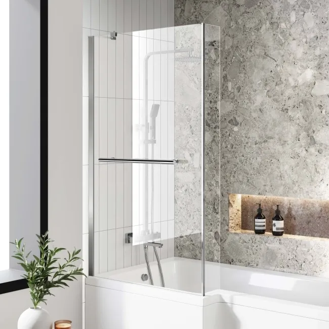 L Shaped 1600 Shower Bath & 4mm Fixed Screen with Rail - Left Handed