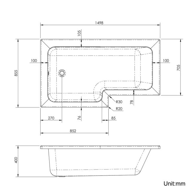 L Shaped 1500 Shower Bath with Front Panel & 6mm Easy Clean Matt Black Grid Bath Screen - Left Handed