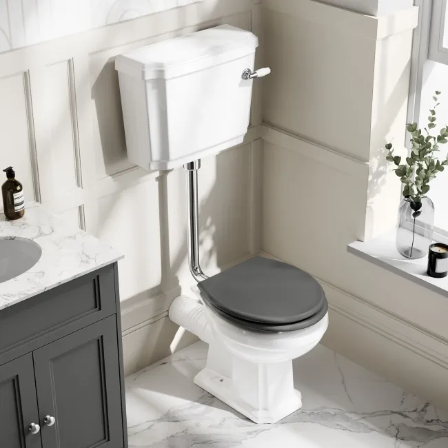 Hudson Traditional Toilet With Low-Level Cistern and Graphite Grey Wooden Seat