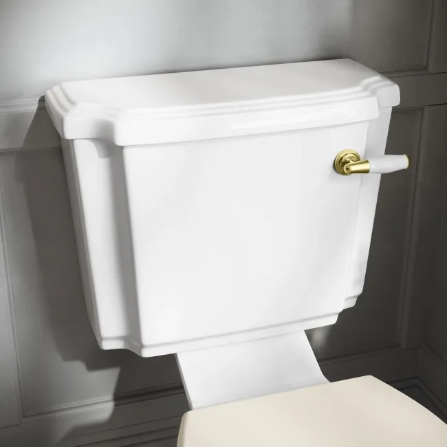Hudson Traditional Close Coupled Toilet With Chalk White Wooden Seat - Brushed Brass Lever