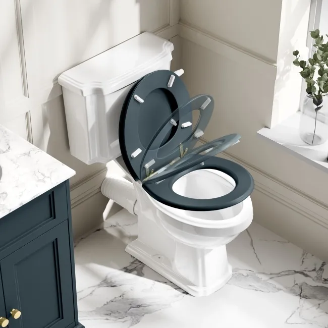 Hudson Traditional Close Coupled Toilet With Inky Blue Wooden Seat - Brushed Brass Lever