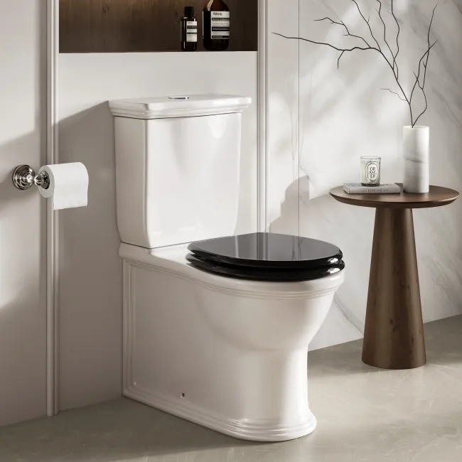 Alma Traditional Rimless Close Coupled Toilet With Gloss Black Wooden Soft Close Seat