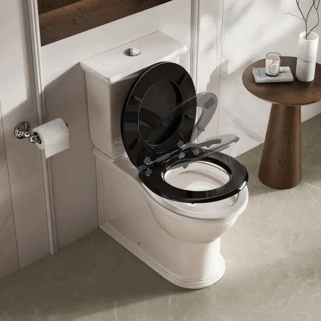 Alma Traditional Rimless Close Coupled Toilet With Gloss Black Wooden Soft Close Seat