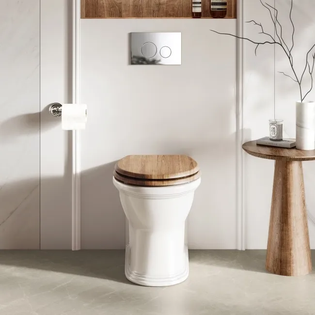 Alma Traditional Rimless Back To Wall Toilet With Oak Effect Wooden Soft Close Seat