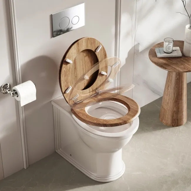 Alma Traditional Rimless Back To Wall Toilet With Oak Effect Wooden Soft Close Seat