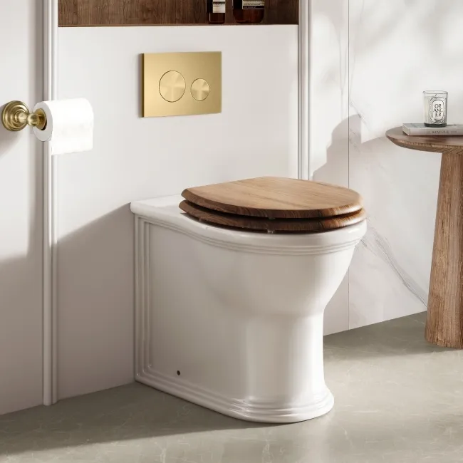 Alma Traditional Rimless Back To Wall Toilet With Oak Effect Wooden Soft Close Seat - Brushed Brass Hinges