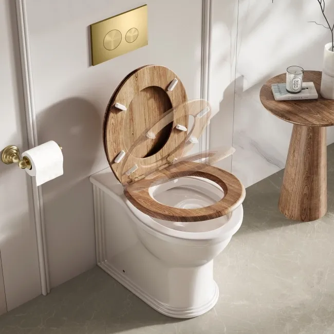 Alma Traditional Rimless Back To Wall Toilet With Oak Effect Wooden Soft Close Seat - Brushed Brass Hinges