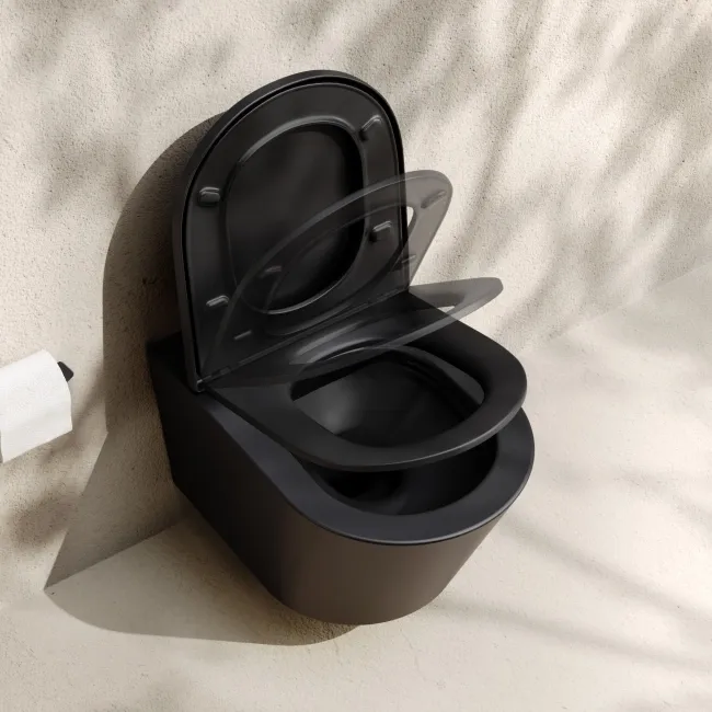 Loma Matt Black Rimless Wall Hung Toilet With Premium Soft Close Seat