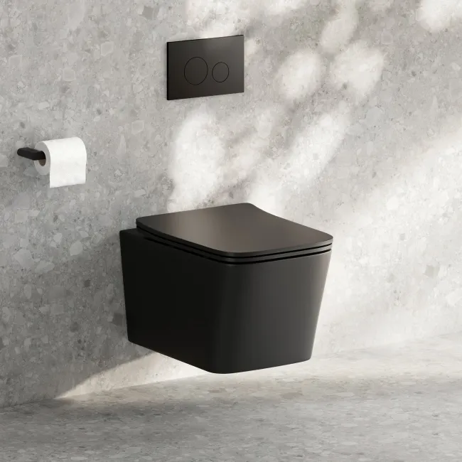 Kent Matt Black Rimless Tornado Wall Hung Toilet With Premium Soft Close Slim Seat