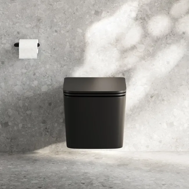 Kent Matt Black Rimless Tornado Wall Hung Toilet With Premium Soft Close Slim Seat