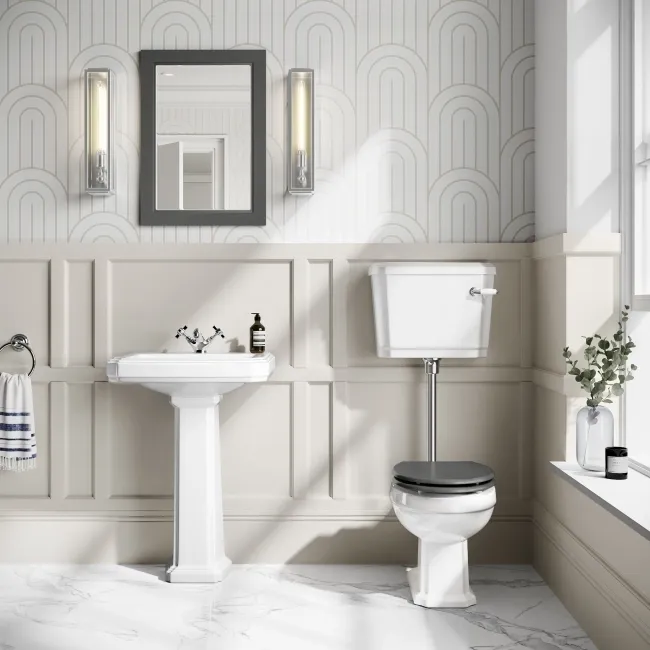 Hudson Traditional Low-Level Toilet With Graphite Grey Seat & Pedestal Basin - Single Tap Hole