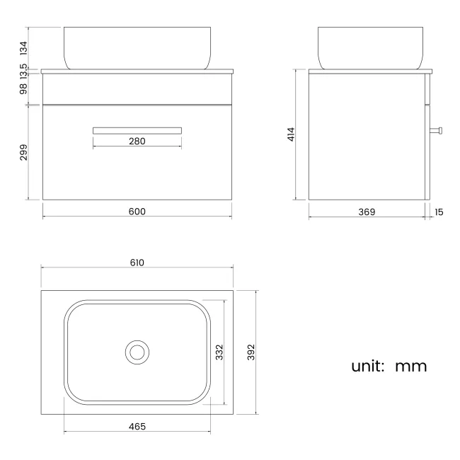 Avon Stone Grey Wall Hung Drawer Vanity with Marble Top & Curved Counter Top Basin 600mm
