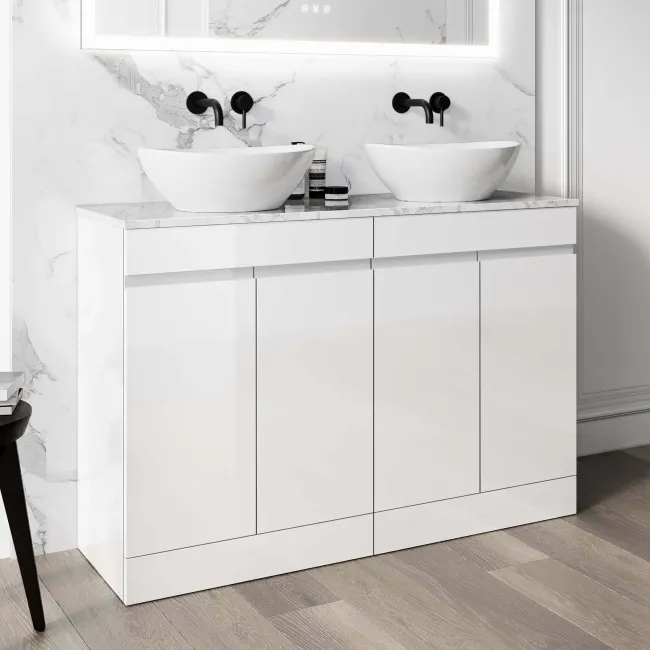 Trent Gloss White Double Vanity with Marble Top & Oval Counter Top Basin 1200mm