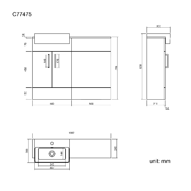 Harper Stone Grey Basin Vanity with Marble Top & Back To Wall Unit 1000mm