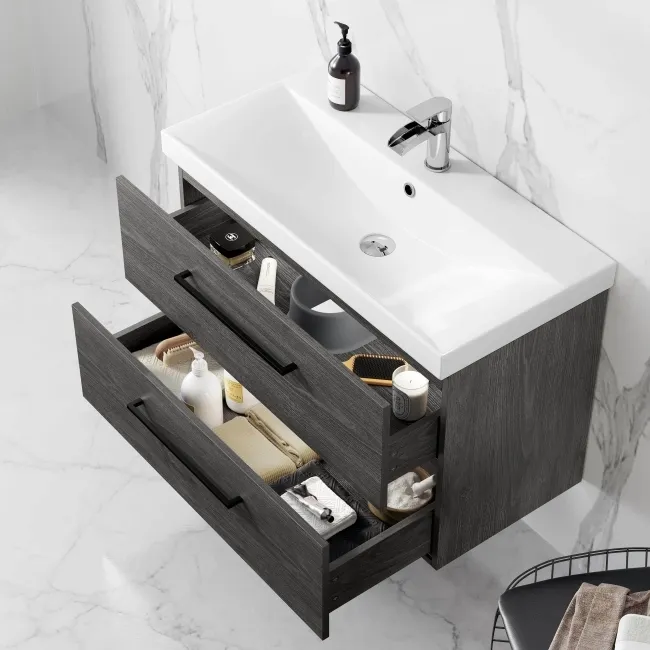 Elba Charcoal Elm Wall Hung Basin Drawer Vanity 800mm - Black Accents