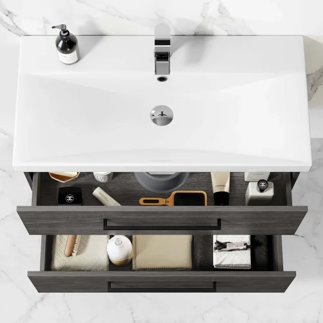 Elba Charcoal Elm Wall Hung Basin Drawer Vanity 800mm - Black Accents