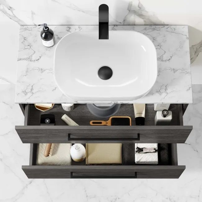 Elba Charcoal Elm Wall Hung Drawer Vanity with Marble Top & Curved Counter Top Basin 800mm - Black Accents