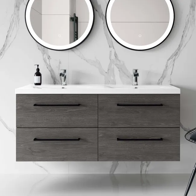Elba Charcoal Elm Wall Hung Double Basin Drawer Vanity 1200mm - Black Accents
