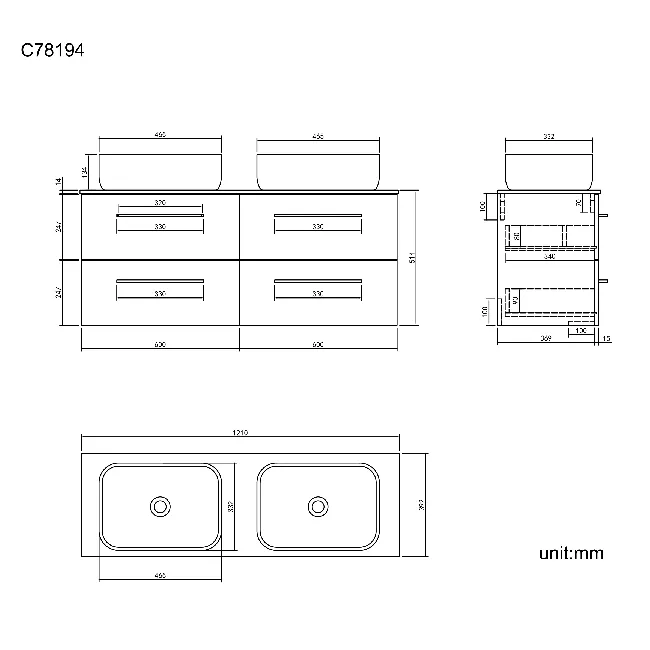 Elba Charcoal Elm Double Wall Hung Drawer Vanity with Marble Top & Curved Counter Top Basin 1200mm - Black Accents
