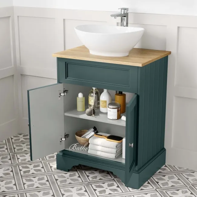 Lucia Midnight Green Vanity with Oak Effect Top & Oval Counter Top Basin 640mm