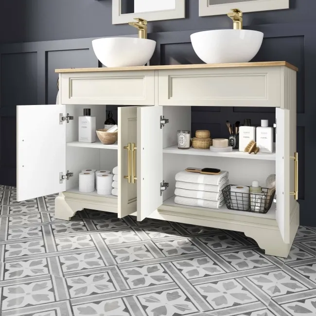 Lucia Chalk White Double Vanity with Oak Effect Top & Round Counter Top Basin 1200mm - Brass Knurled Handles